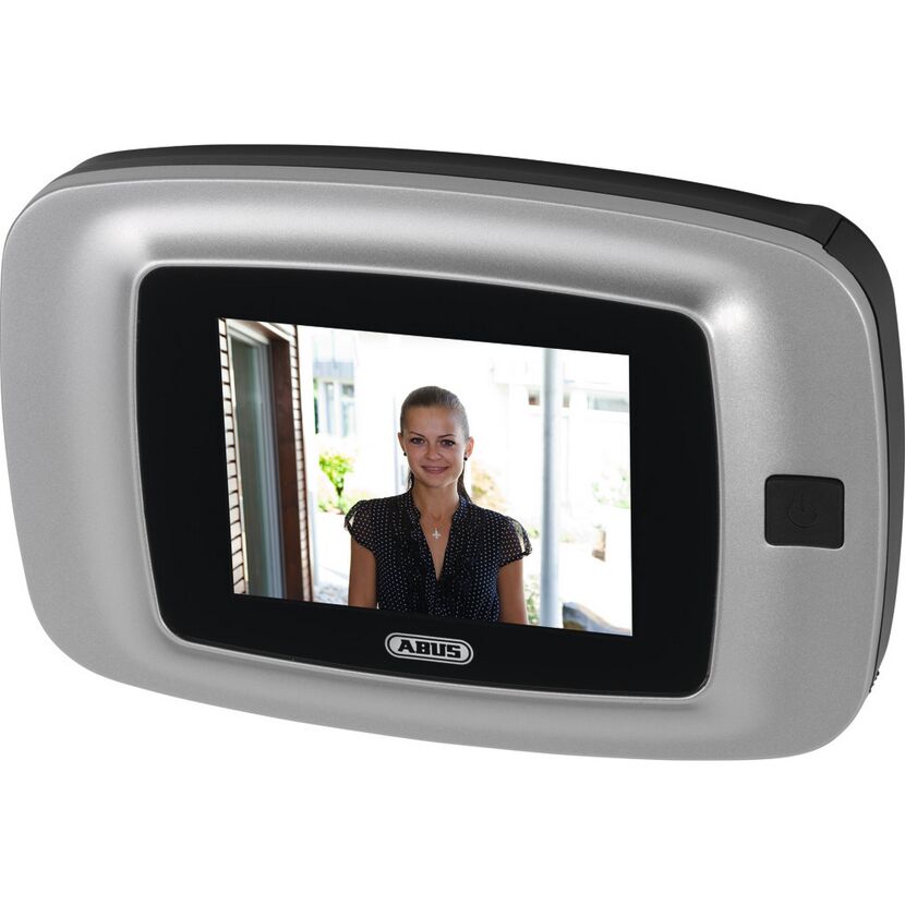 ABUS Türspion mit Display. Eine Person lächelt in die Kamera.