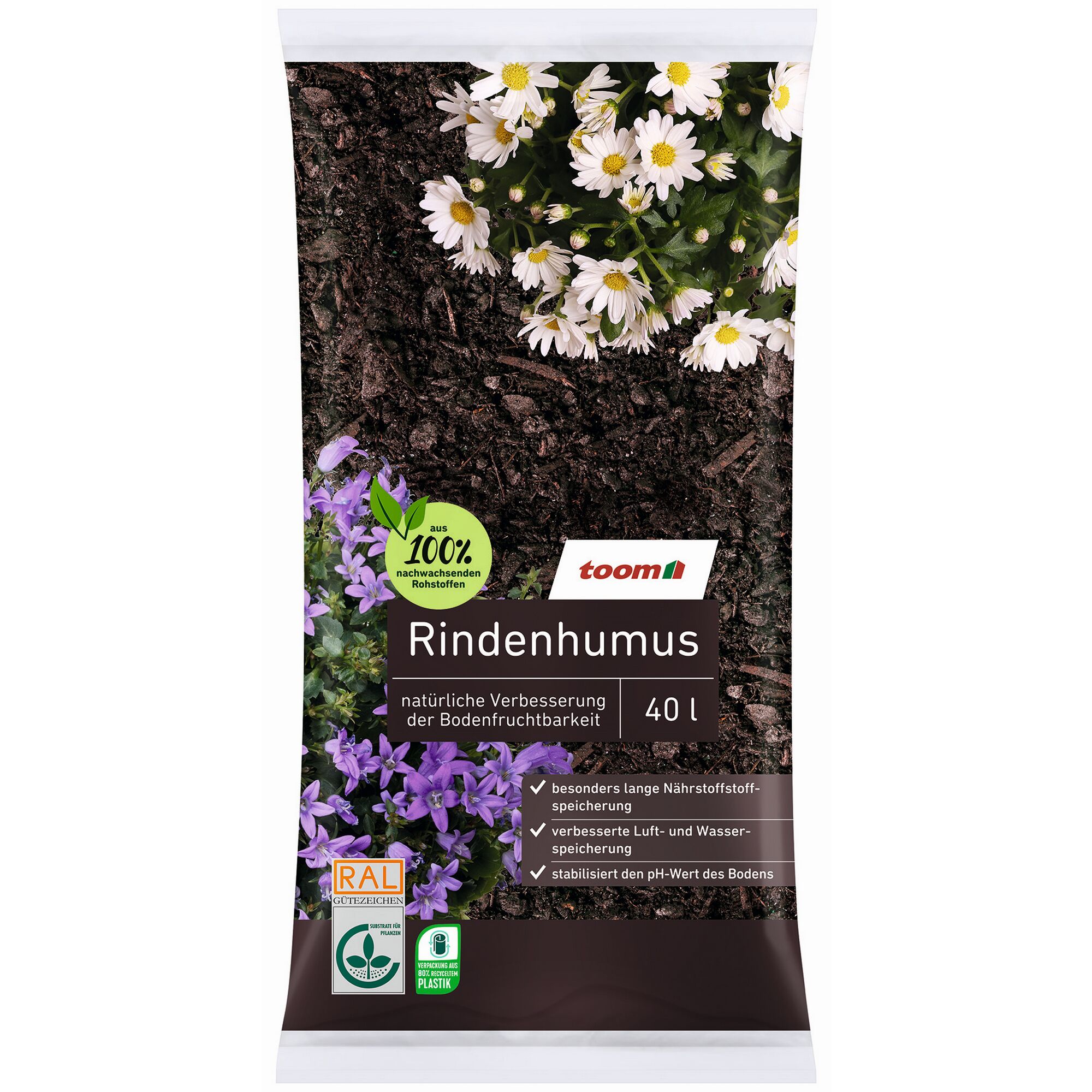 Sack Rindenhumus mit Margeriten und Glockenblumen