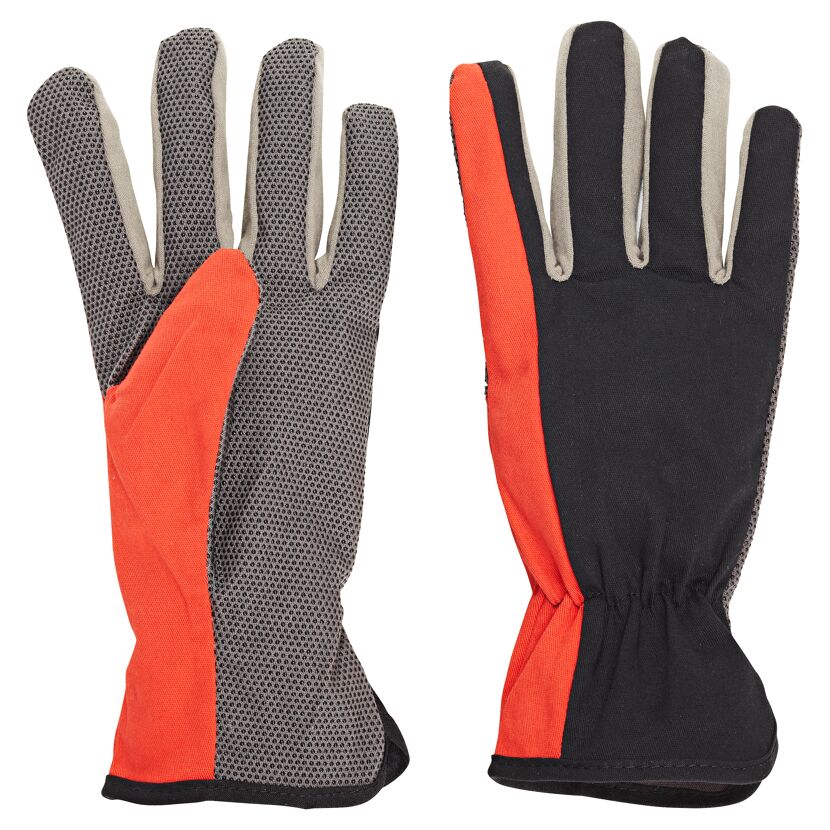 Zwei Universalhandschuhe in orange und grau