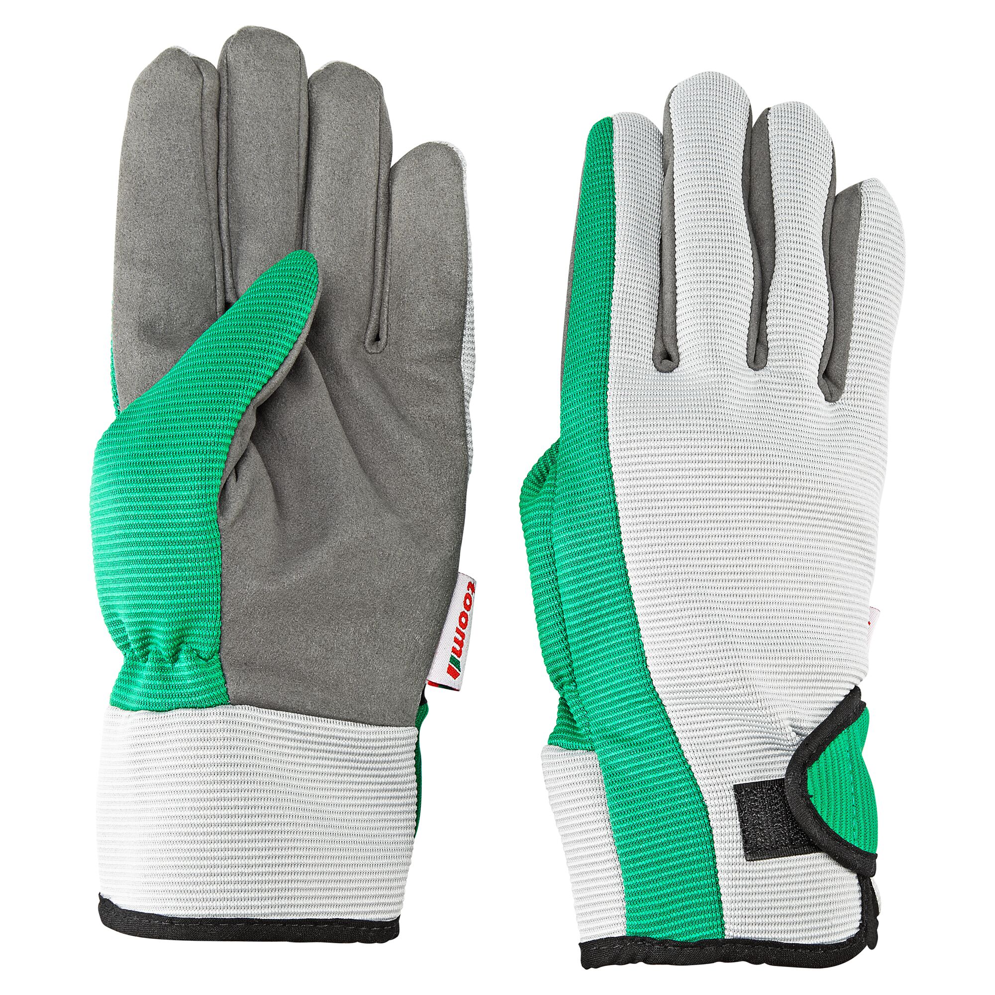 Ein Paar grüne und graue Floristikhandschuhe der Marke toom.