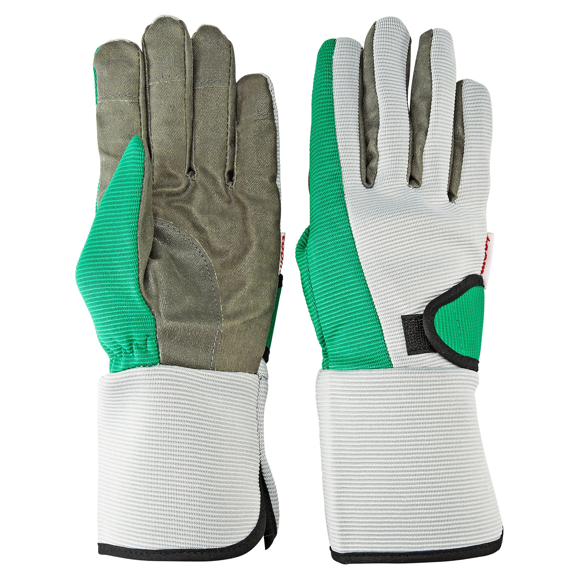 Ein Paar grüne und graue Pflanzhandschuhe