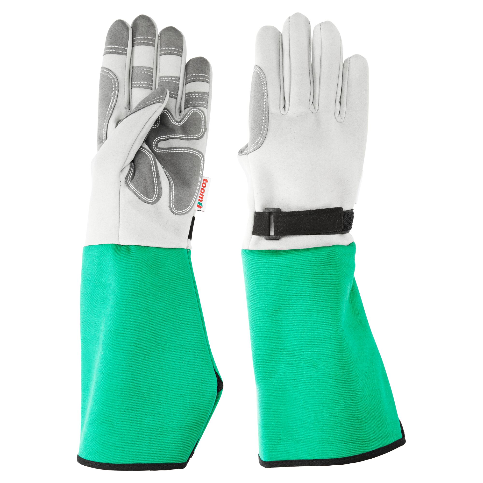 Ein Paar grüne und weiße Spezialhandschuhe