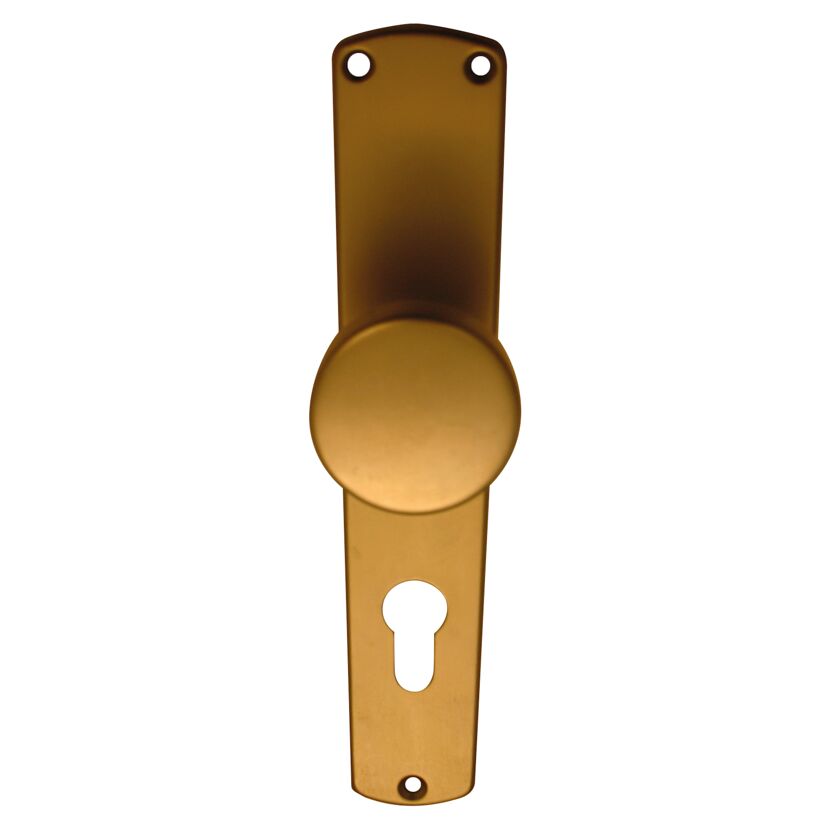 Goldene Türklinke mit rundem Knopf und Schlüsselloch.
