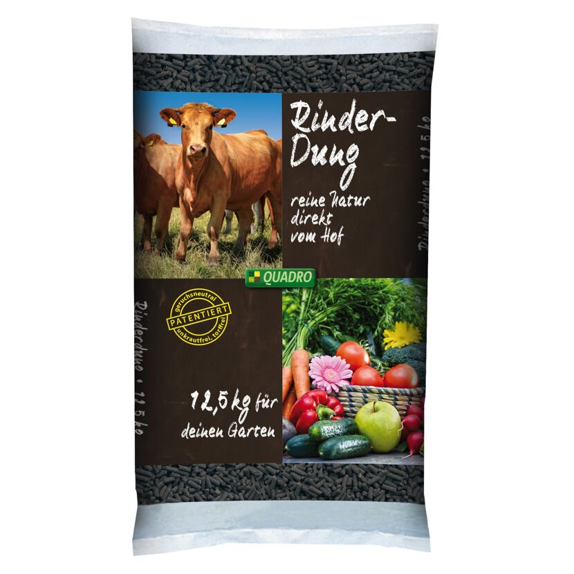 12,5 kg Rinderdung für den Garten, mit Kühen und Gemüse im Bild