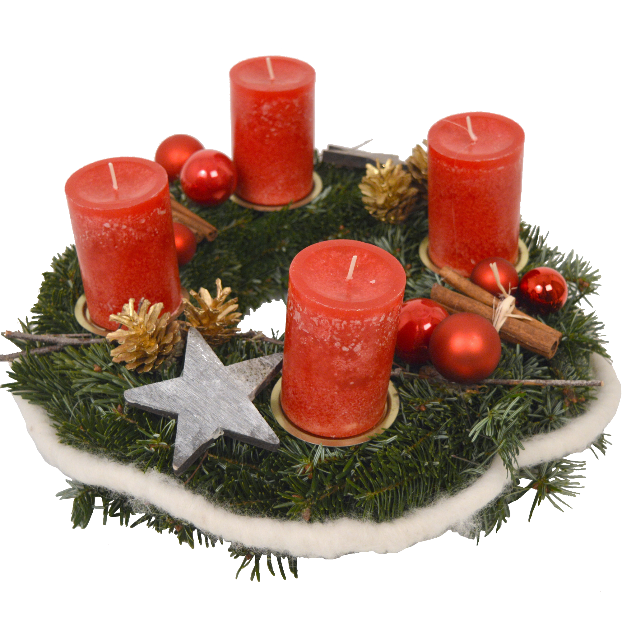 Adventskranz mit Kugeln, Zapfen und 4 roten Rustik-Kerzen Ø 35 cm + product picture