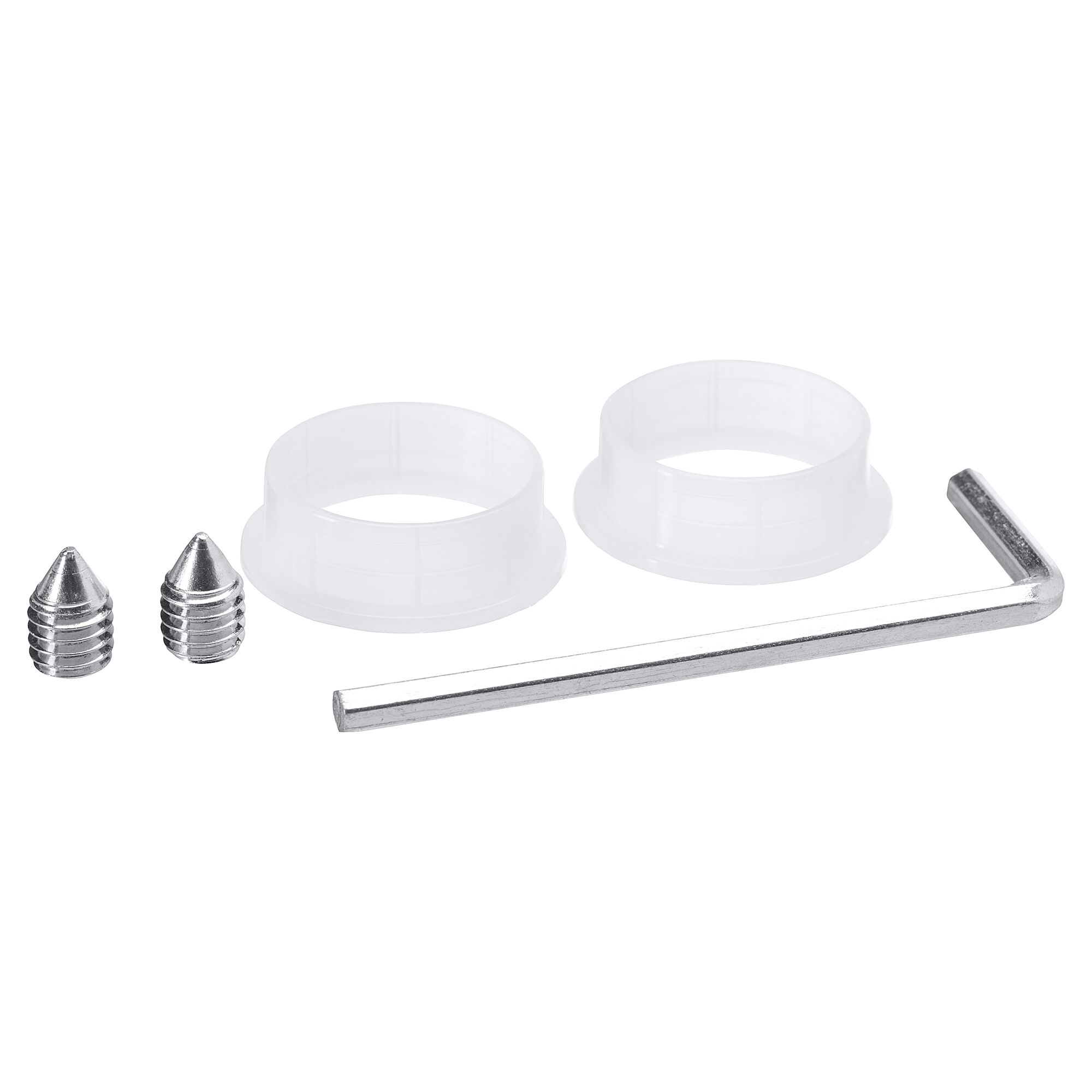 Zwei weiße Kunststoffringe, zwei Schrauben und ein Inbring-Schlüssel.