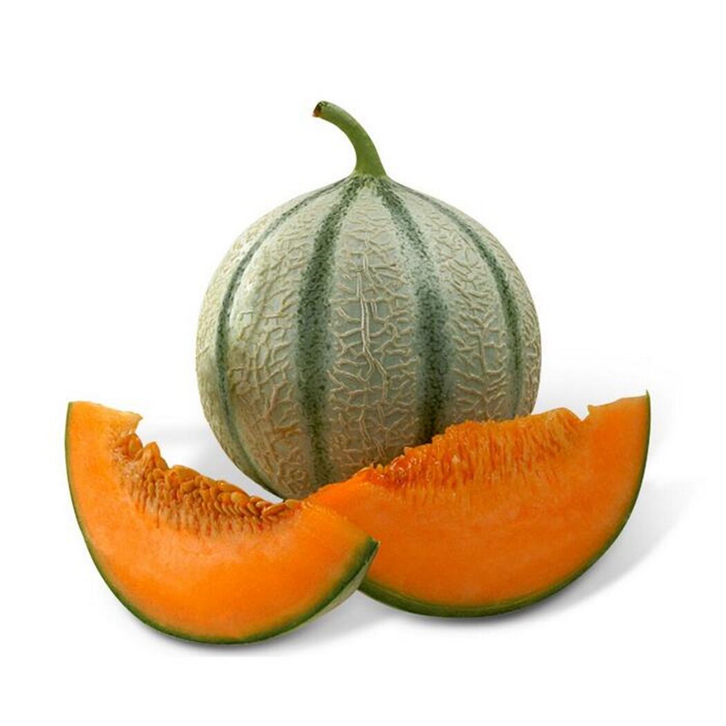 Eine Zuckermelone 'Sugarball' und zwei Spalten davon.
