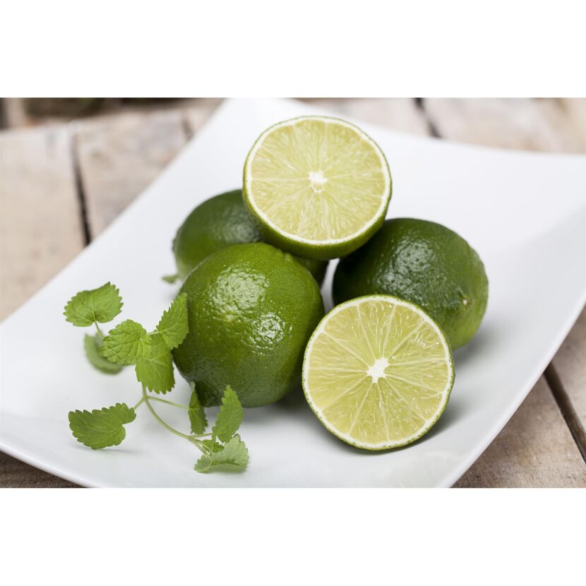 Limetten und Minzblätter auf einem weißen Teller