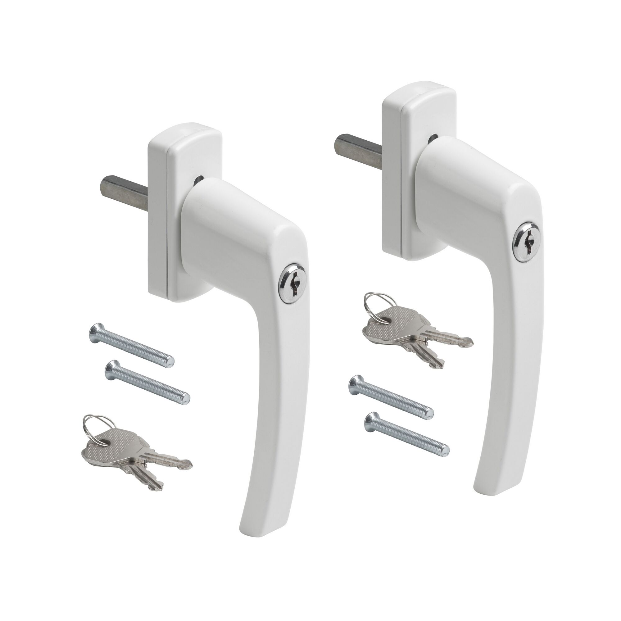 Zwei weiße abschließbare Fenstergriffe mit Schlüsseln und Schrauben