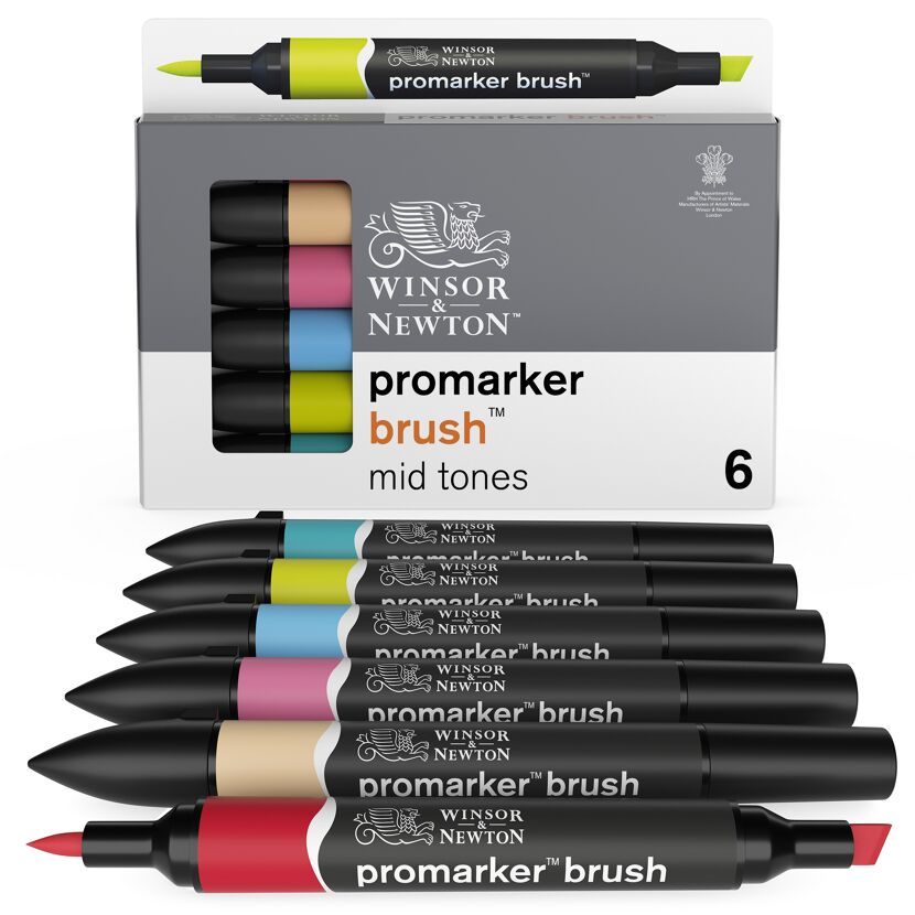 Sechs ProMarker Brush Stifte in mittleren Farbtönen