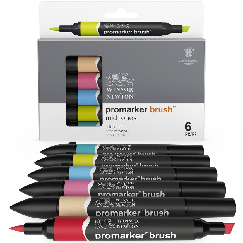 Sechs Winsor & Newton ProMarker Brush Stifte in mittleren Farbtönen