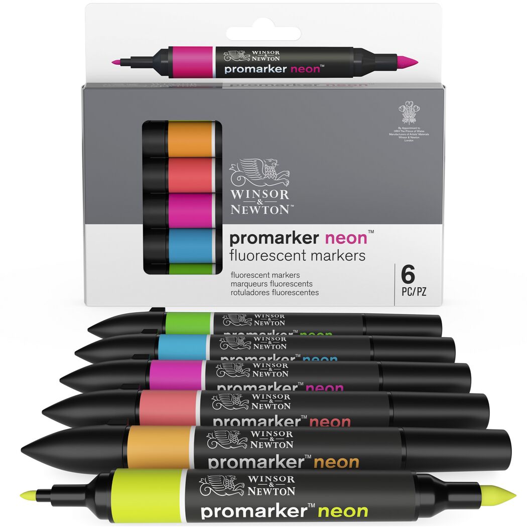 Sechs neonfarbene Textmarker auf weißem Hintergrund