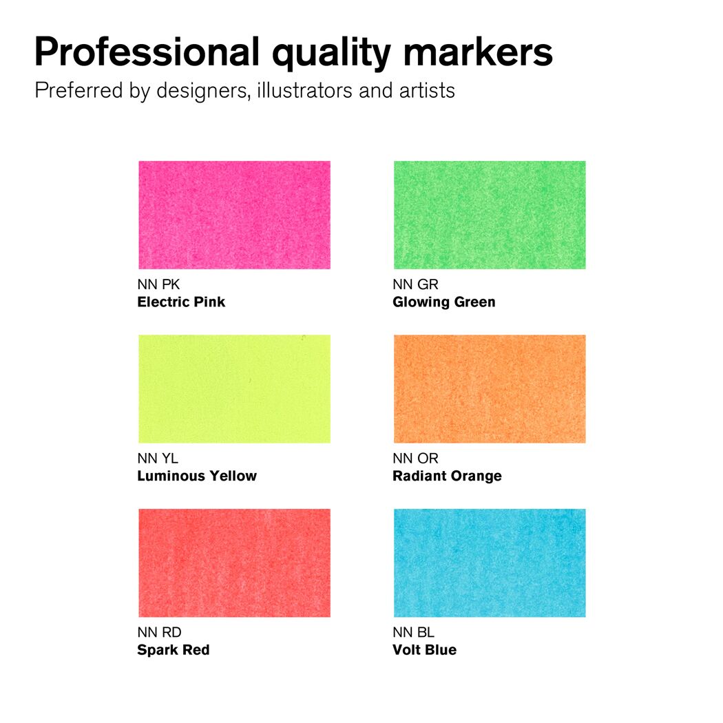 Sechs Neonmarker in Pink, Grün, Gelb, Orange, Rot und Blau.
