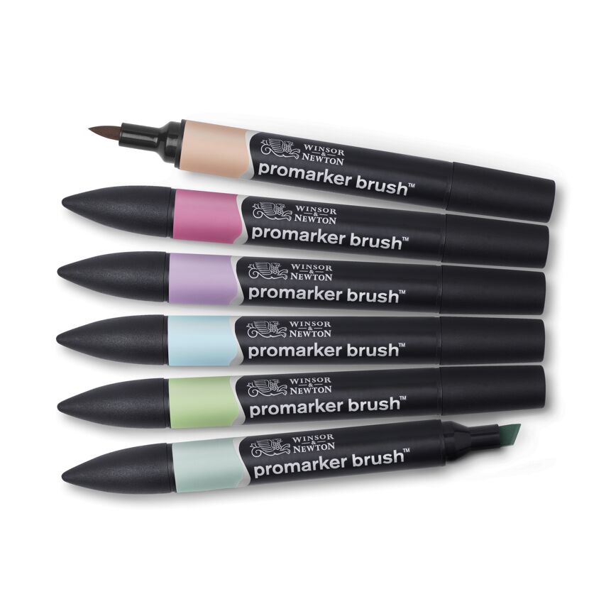 Sechs Windsor & Newton Promarker Brush Stifte in Pastelltönen