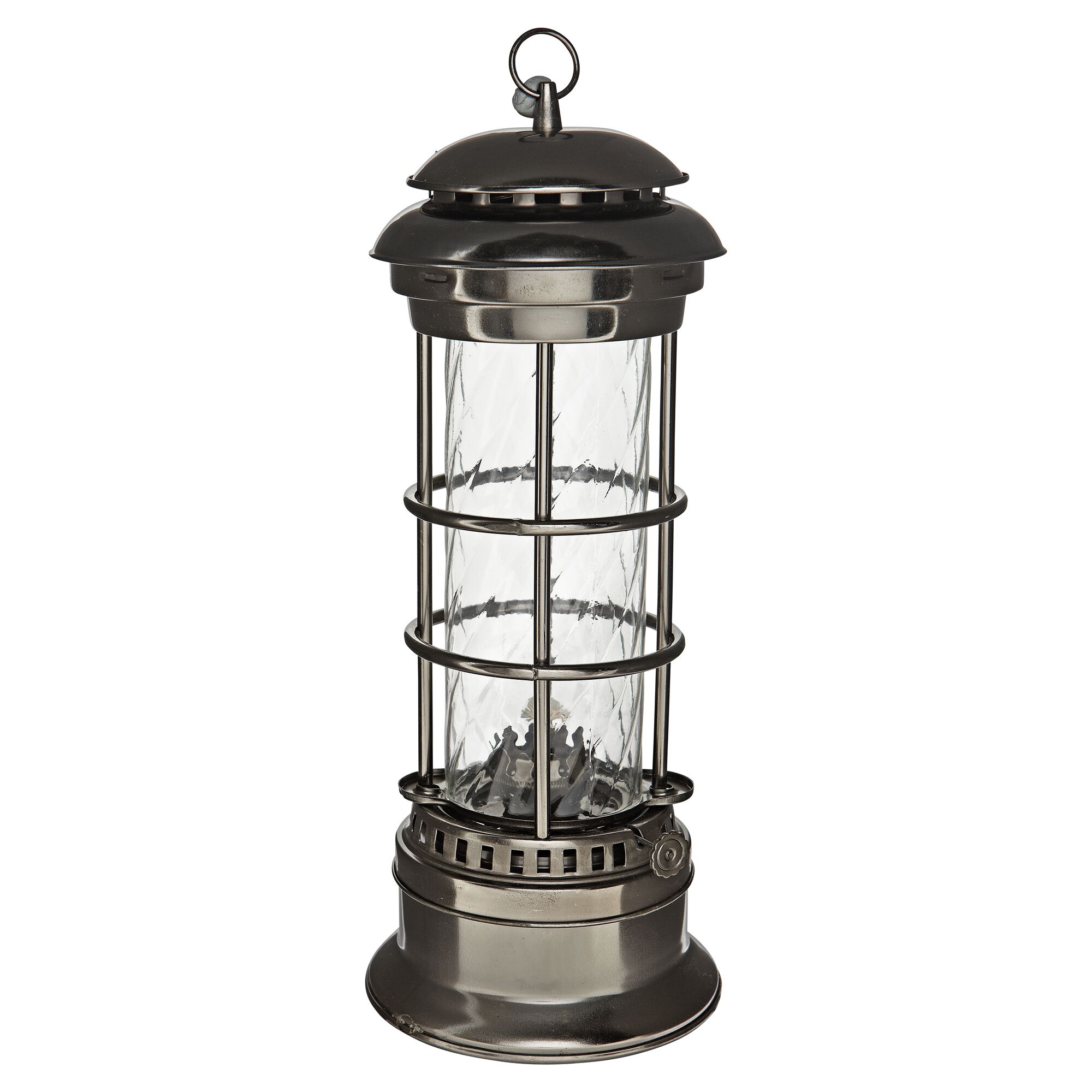 Metallene Petroleumlampe mit Glaszylinder und Tragegriff.