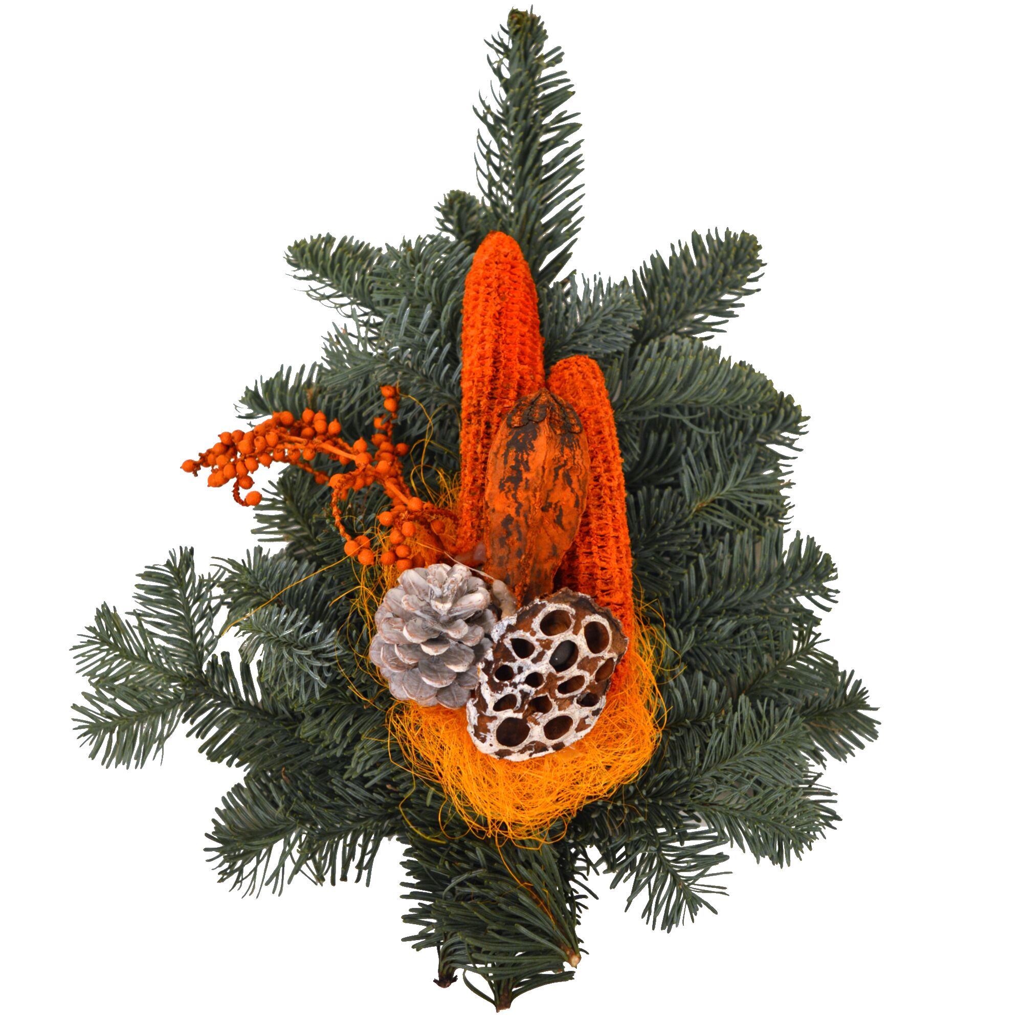 Grabgesteck mit Tannenzweigen, Zapfen und orangefarbener Deko