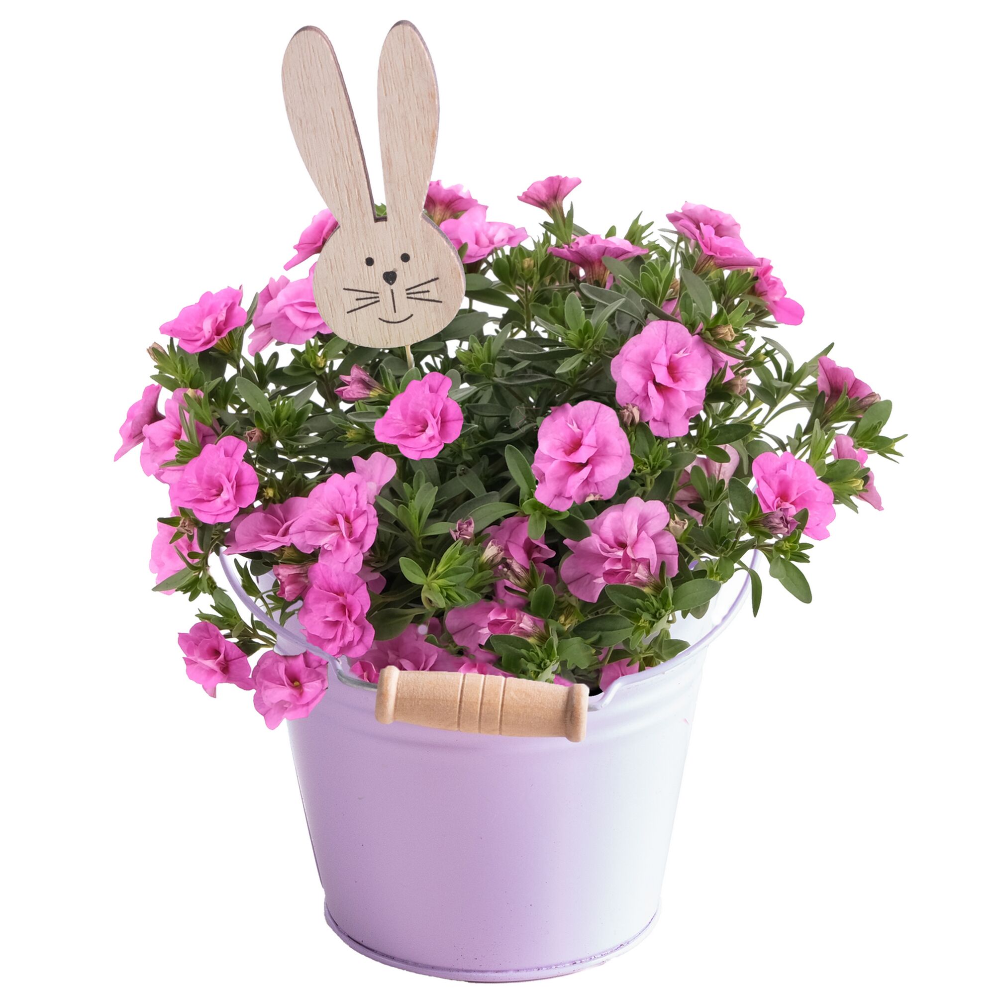 Lila Zinkeimer mit pinken Blumen und Osterhasen
