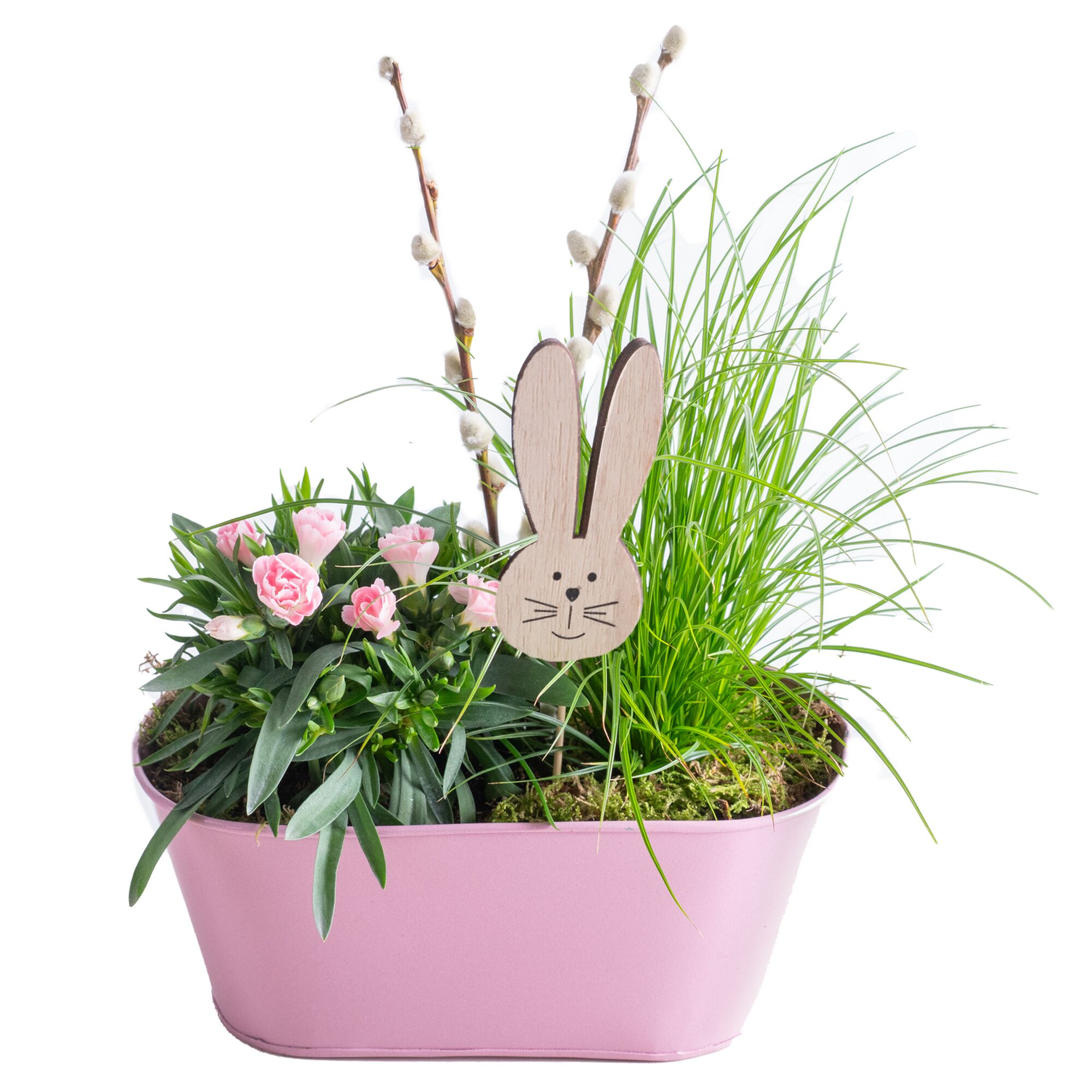 Osterdeko mit Hasenfigur in Zinkwanne