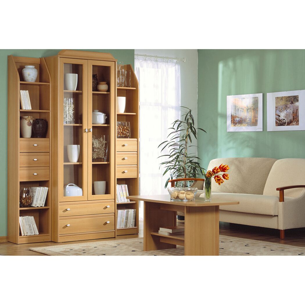 Vitrine mit Büchern, Geschirr und Deko im Wohnzimmer