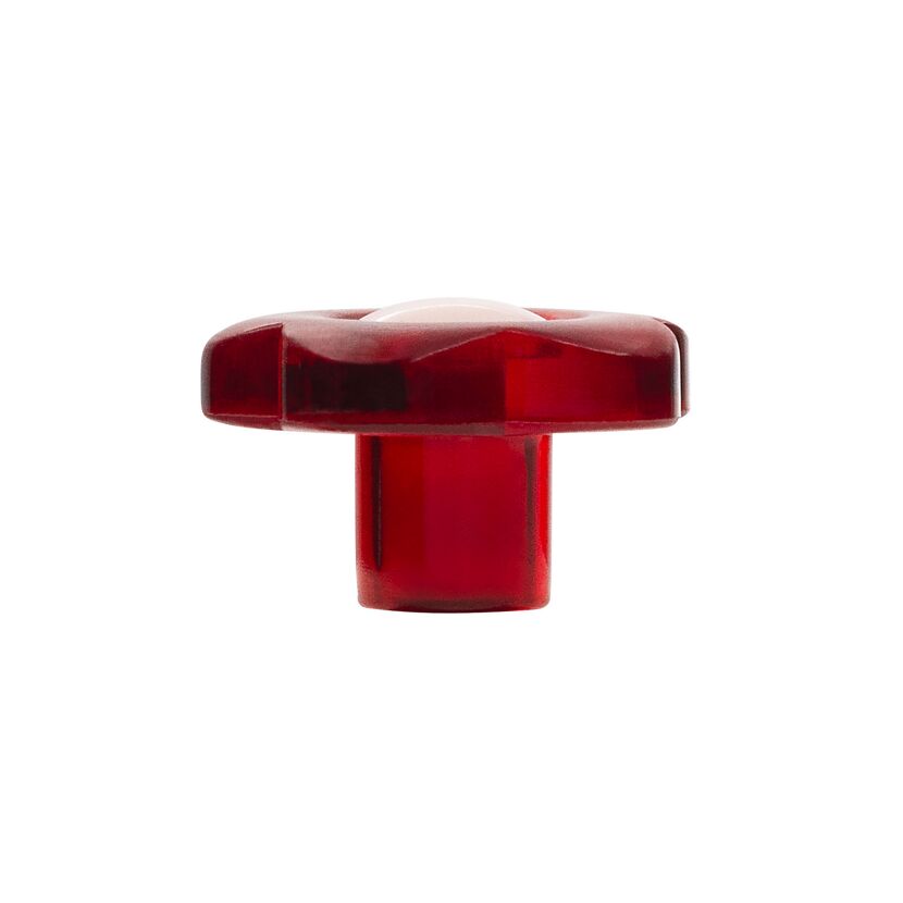 Roter Drehknopf mit sternförmigem Griff.