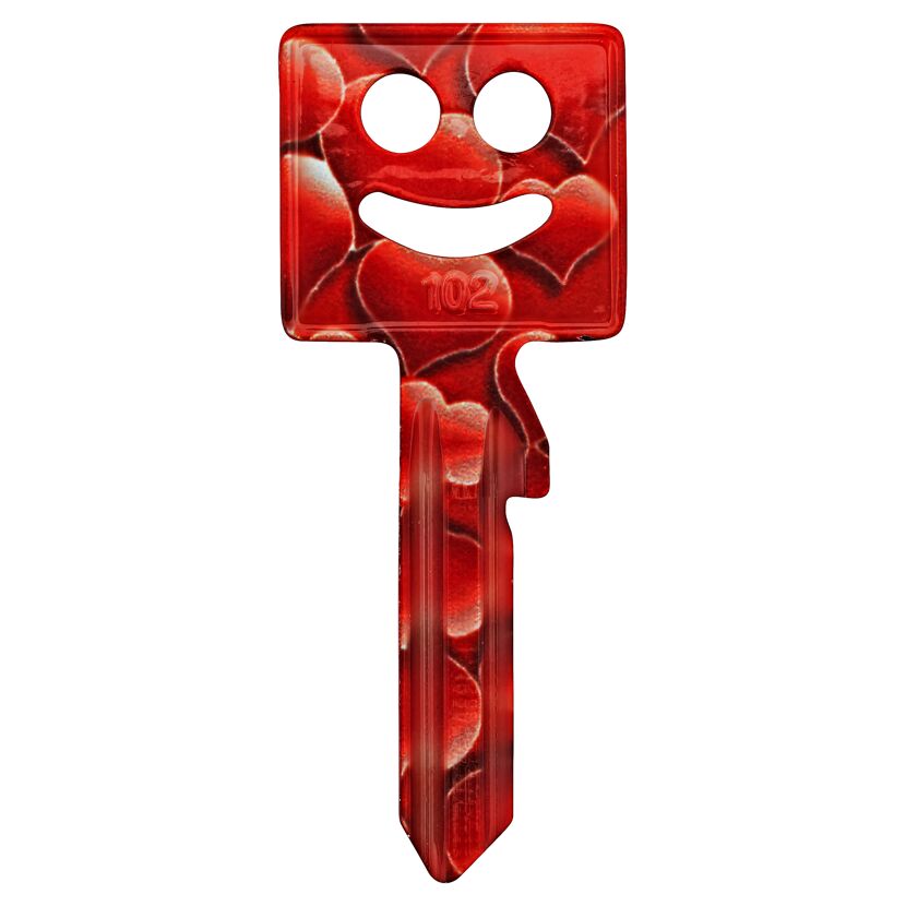 Roter Schlüssel mit einem lachenden Gesicht und Herzen.