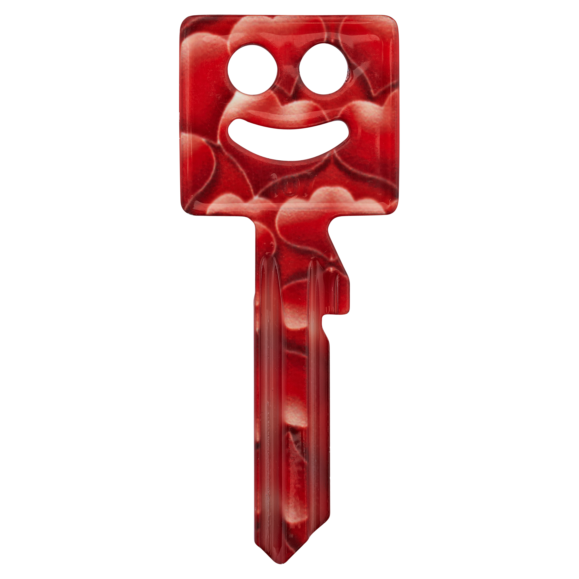 Roter Schlüssel mit Herzmuster und lachenden Gesicht