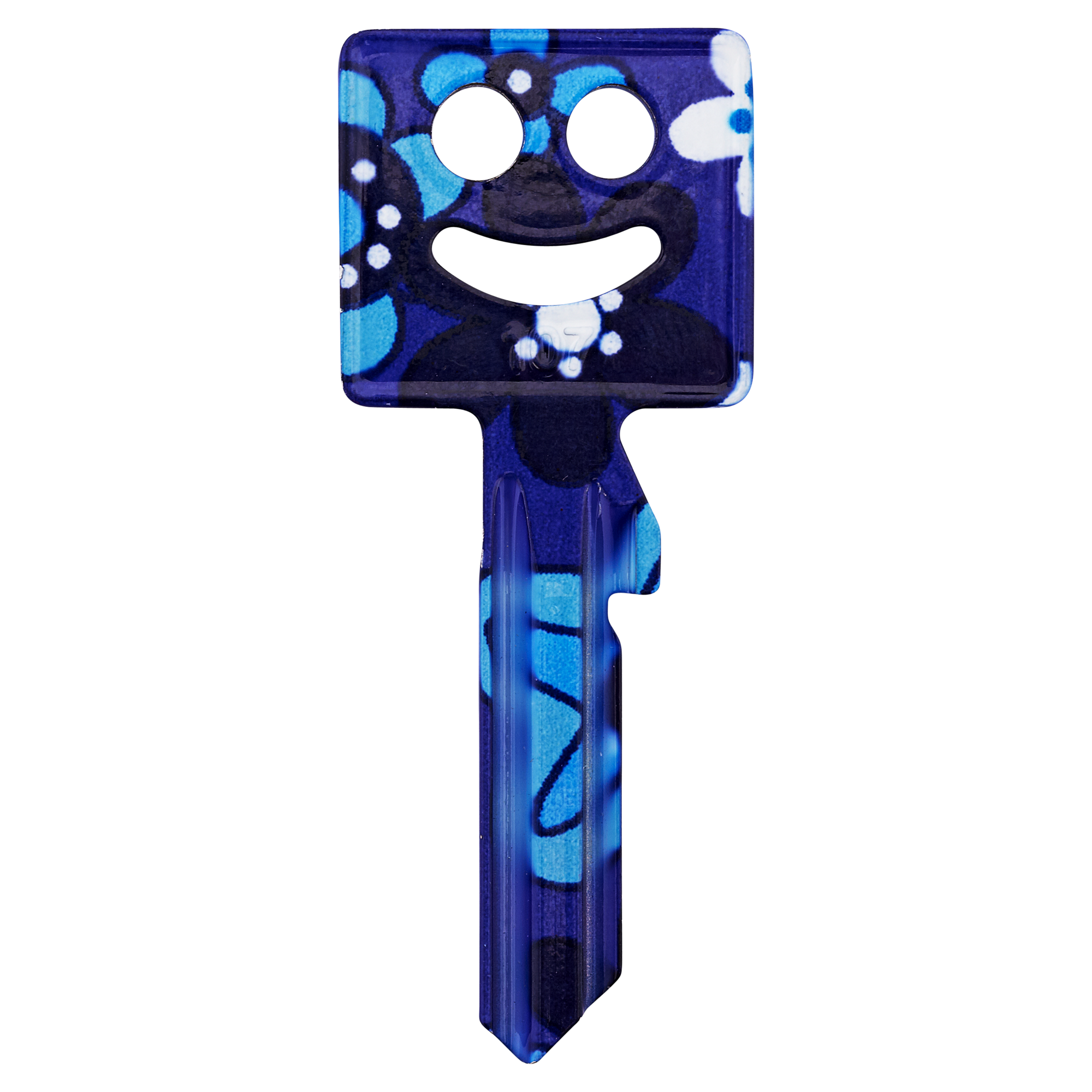 Blauer Schlüssel mit blau-weißem Blumenmuster und lachenden Gesicht.