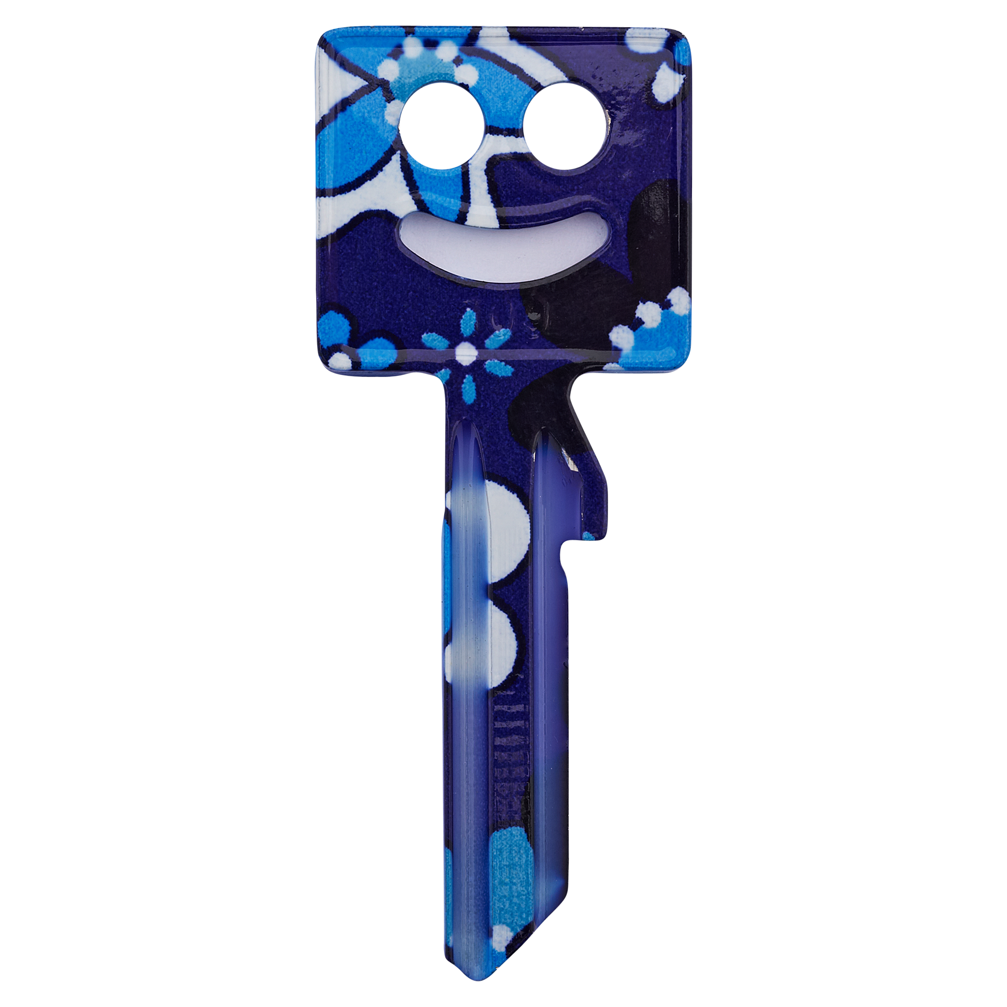 Blauer Schlüssel mit lachenden Gesicht