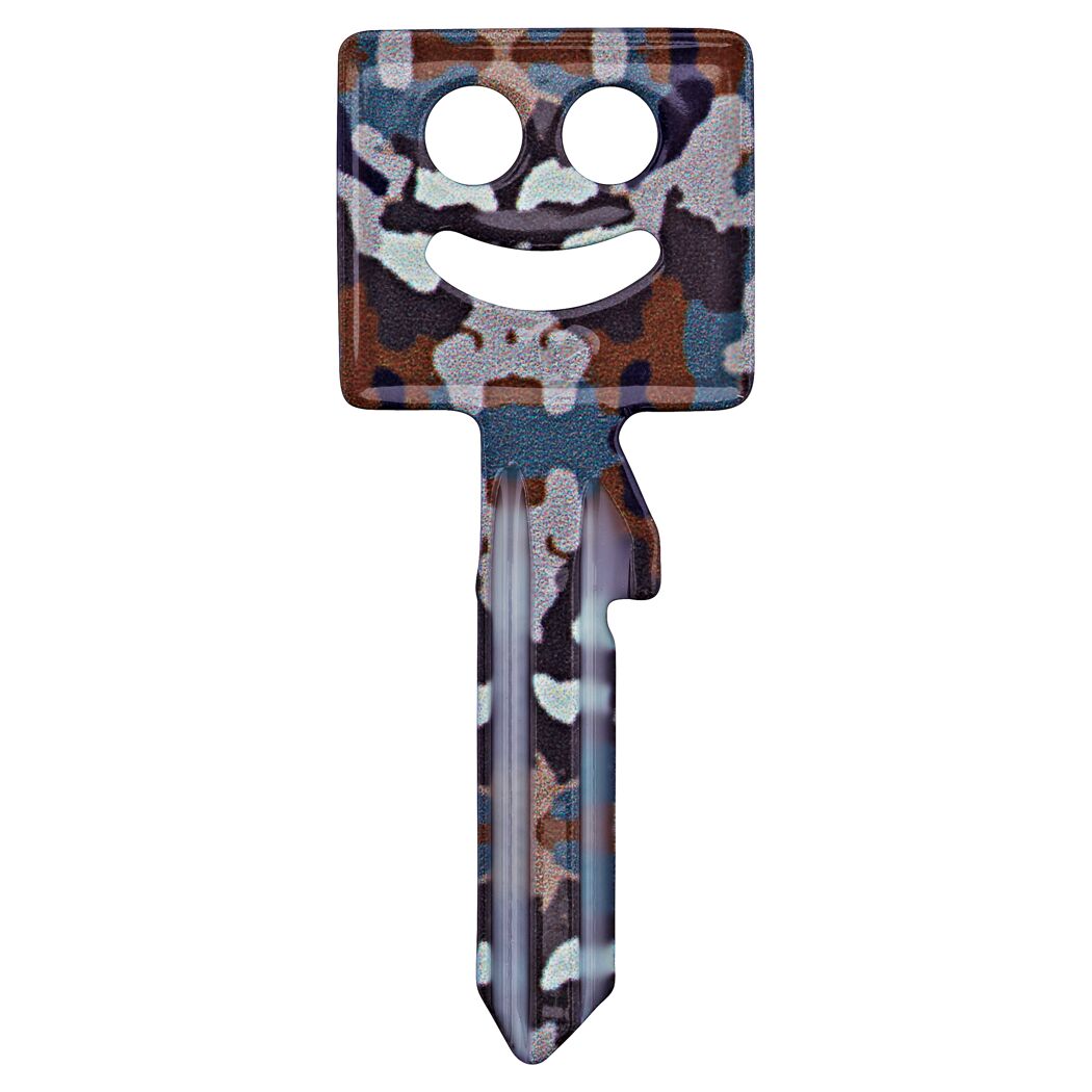 Schlüssel mit einem Smiley-Gesicht im Camouflage-Muster.
