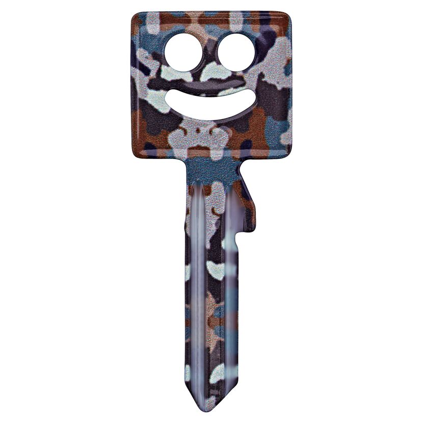 Schlüssel mit einem Smiley-Gesicht im Camouflage-Muster.