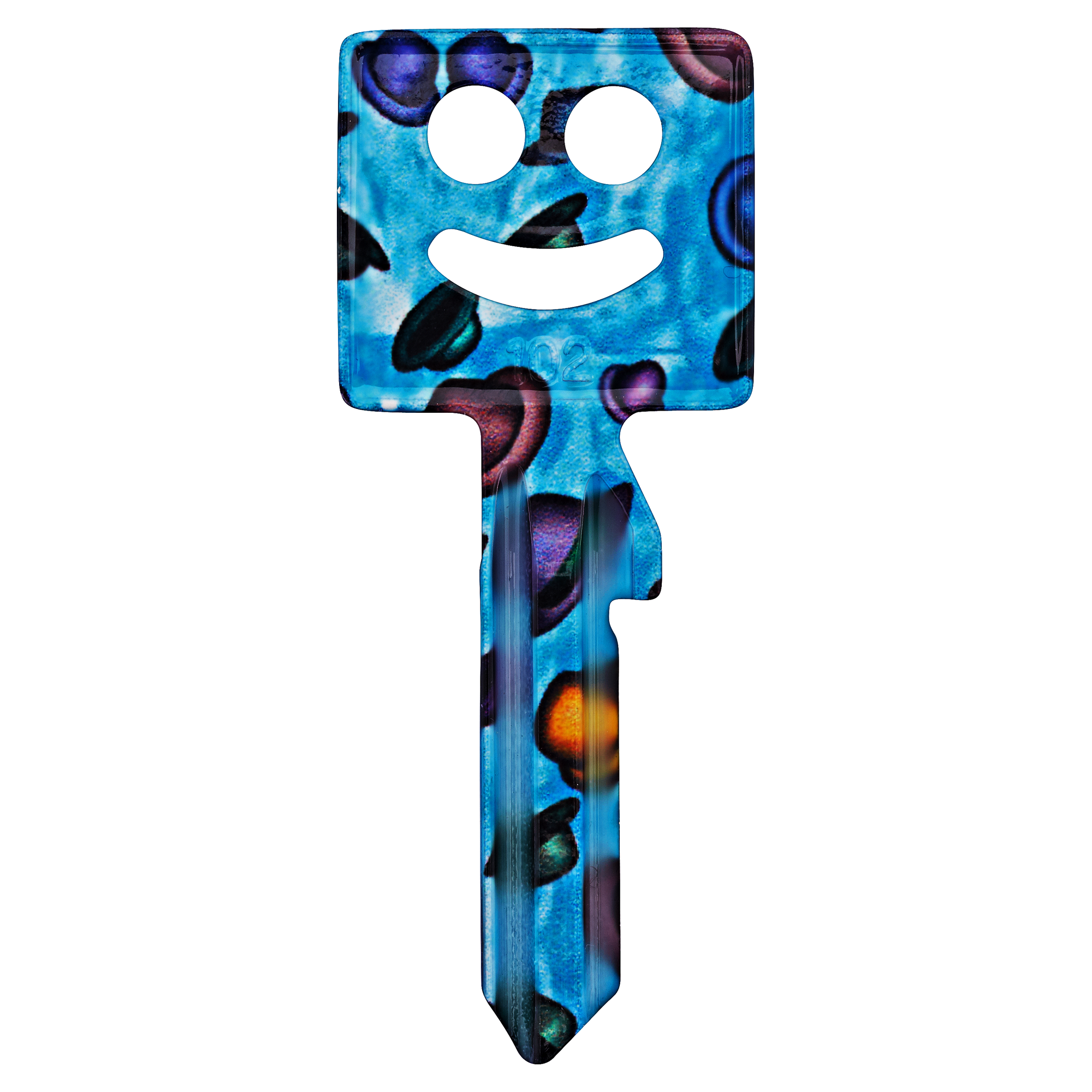 Bunter Schlüssel mit Smiley-Motiv.