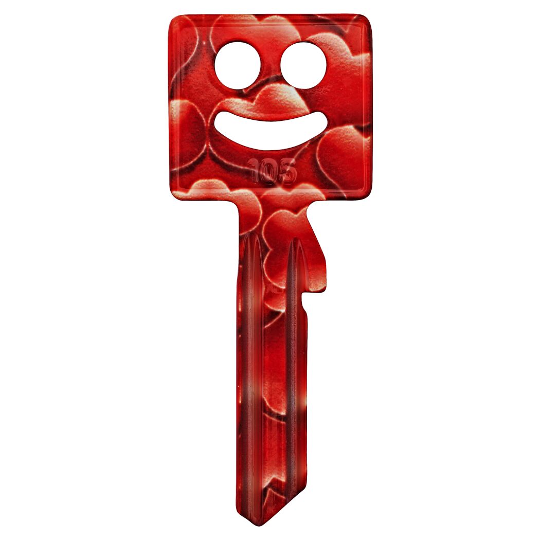 Roter Schlüssel mit Herzen und Smiley-Gesicht.