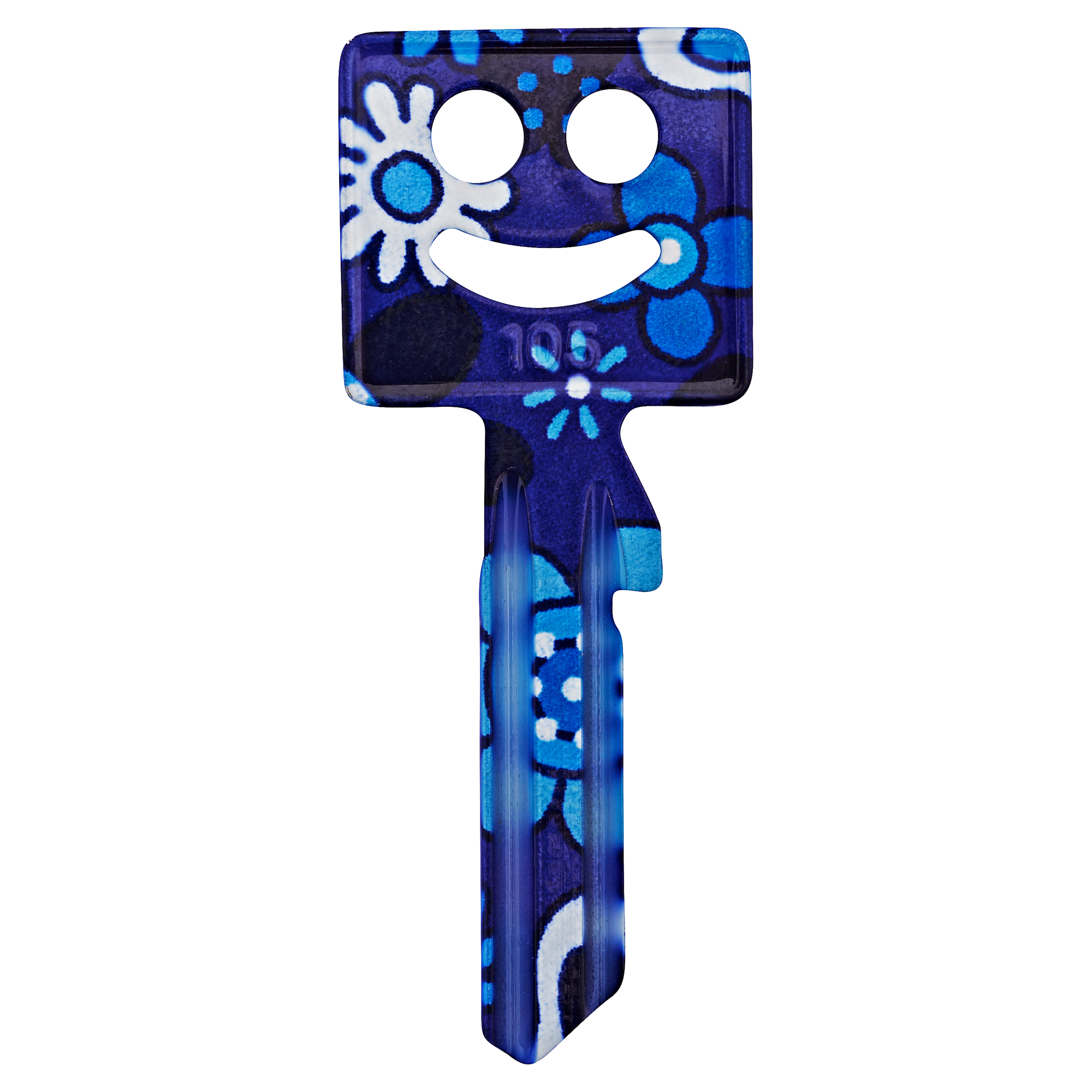 Blauer Schlüssel mit Blumendruck und Smiley-Gesicht.