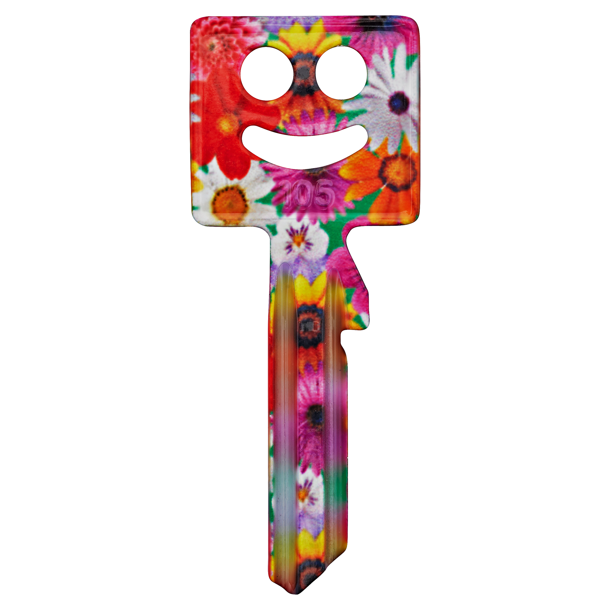 Bunter Schlüssel mit einem lachenden Gesicht und der Nummer 105.
