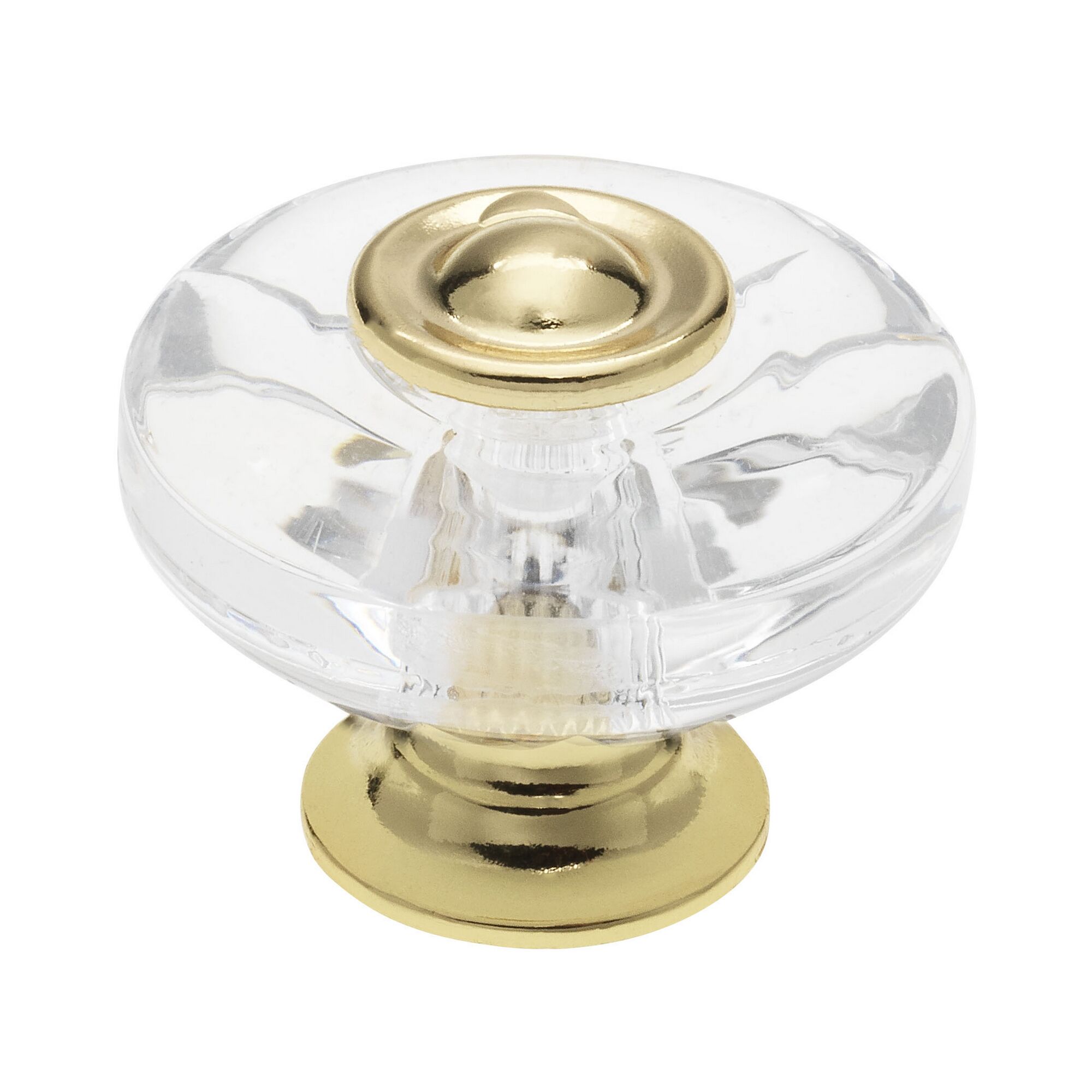 Runder Möbelknopf aus Acryl mit goldener Basis und Kappe.