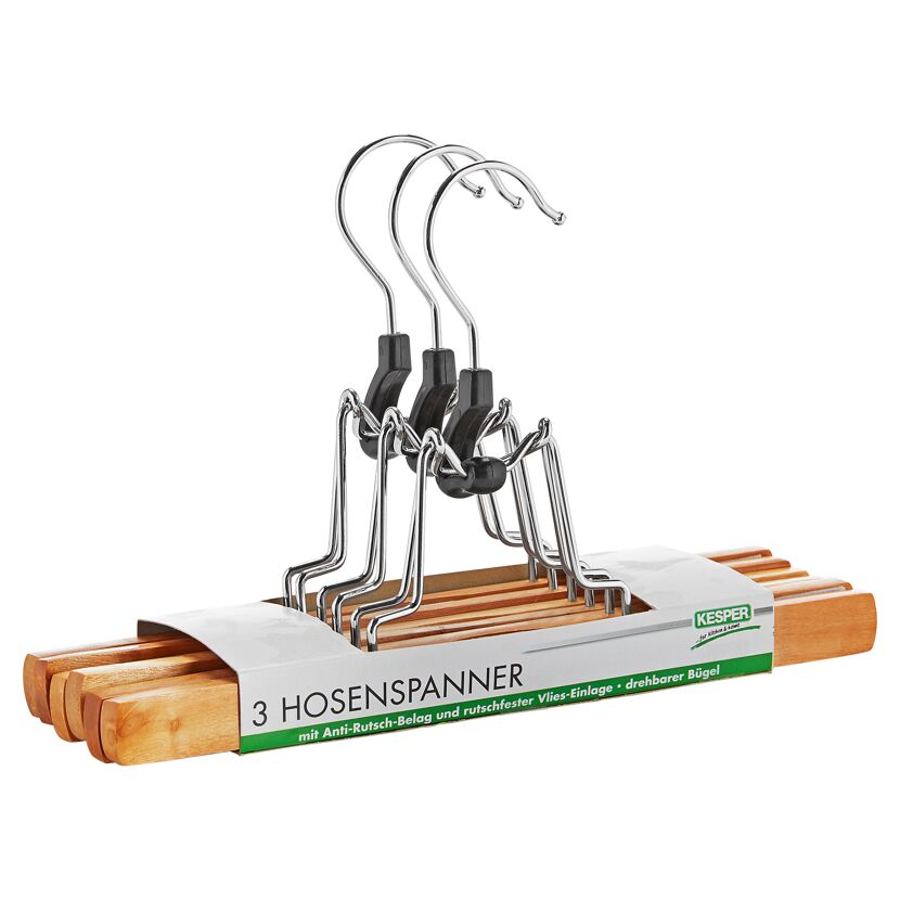Drei Hosenspanner aus Holz mit Metallklammern