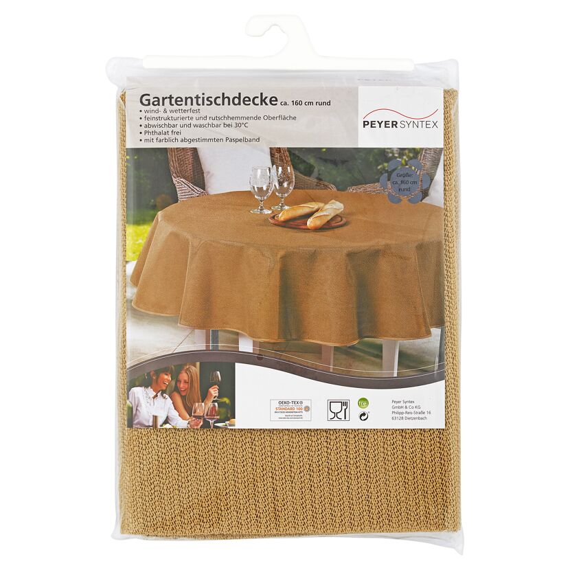 Beige Gartentischdecke auf einem Tisch
