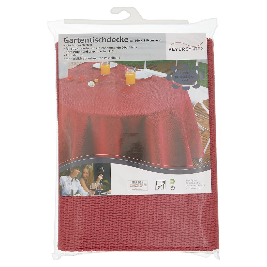 Rote Gartentischdecke auf einem Tisch.