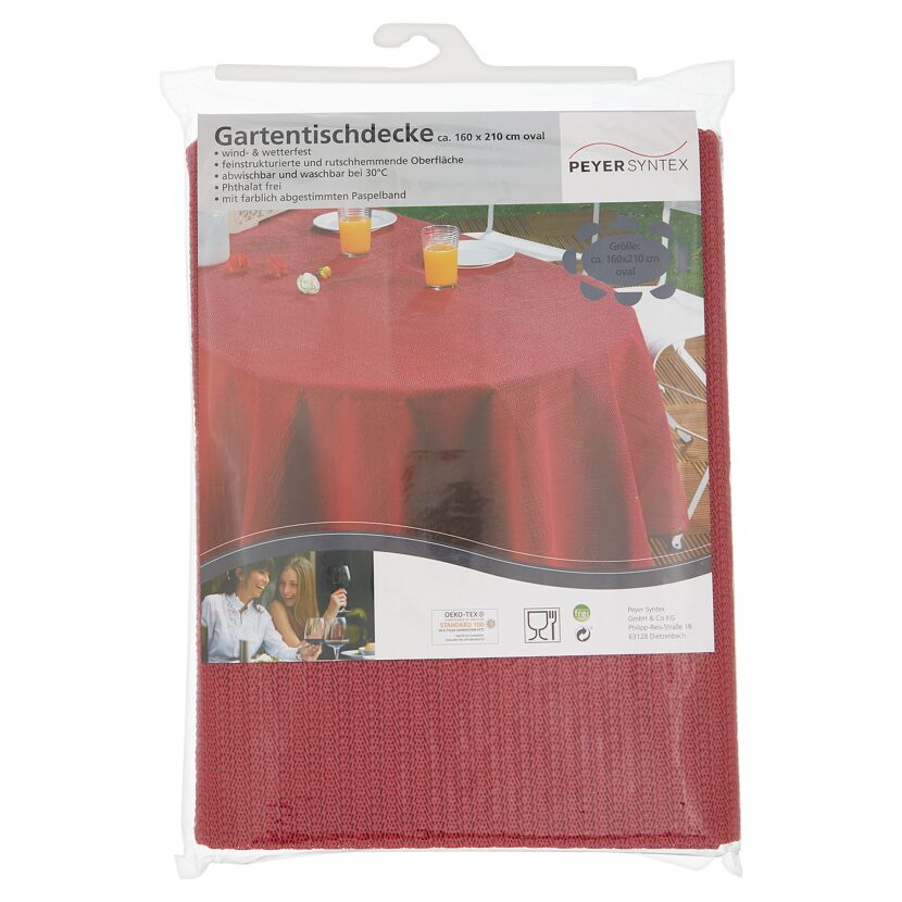 Rote Gartentischdecke auf einem Tisch.