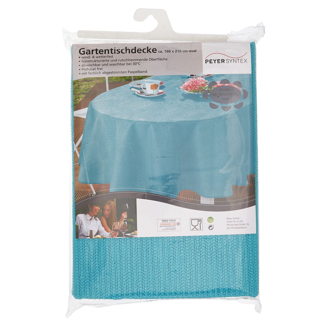 Türkisfarbene Gartentischdecke in Verpackung