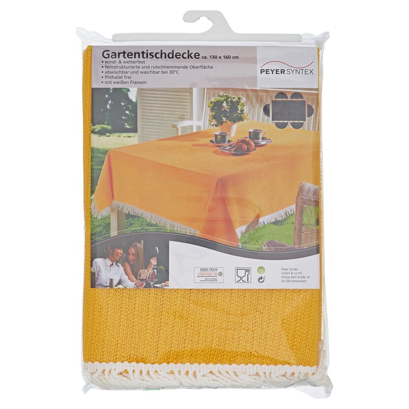 Gelbe Gartentischdecke mit weißen Fransen