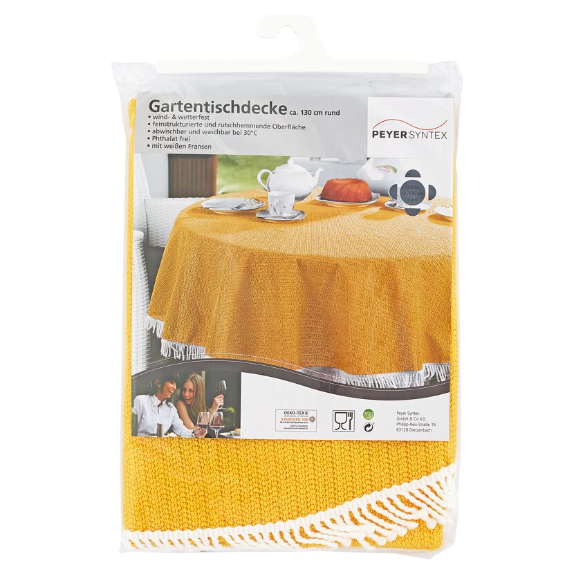 Gelbe Gartentischdecke mit weißen Fransen.