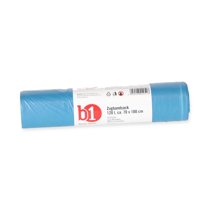Blaue Müllsäcke auf einer Rolle.
