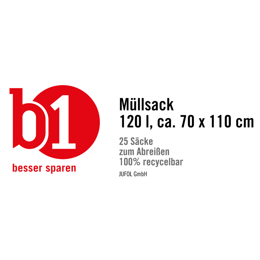 B1 Müllsack 120 l, 25 Säcke zum Abreißen, 100% recycelbar
