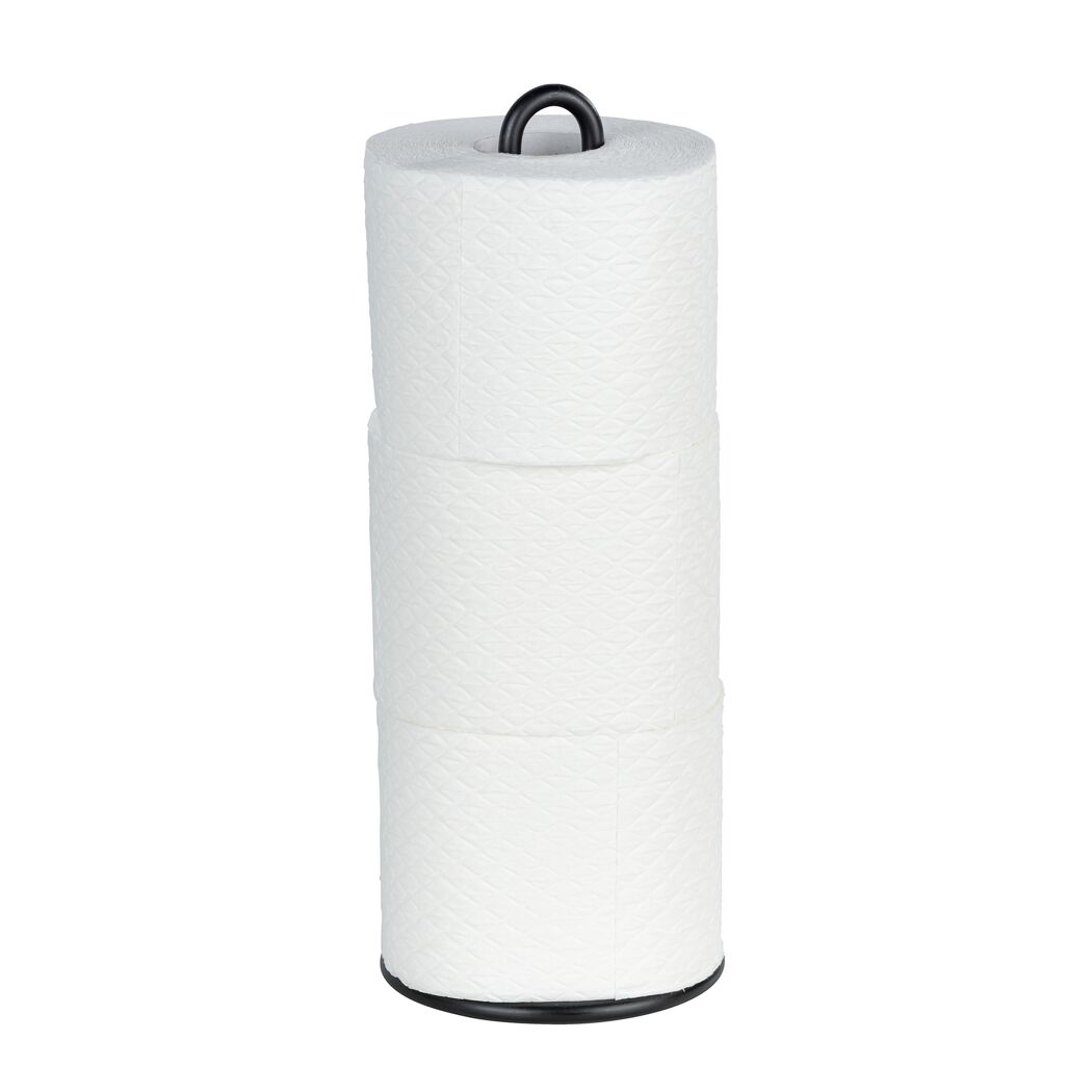 Drei weiße Toilettenpapierrollen auf einem schwarzen Halter.