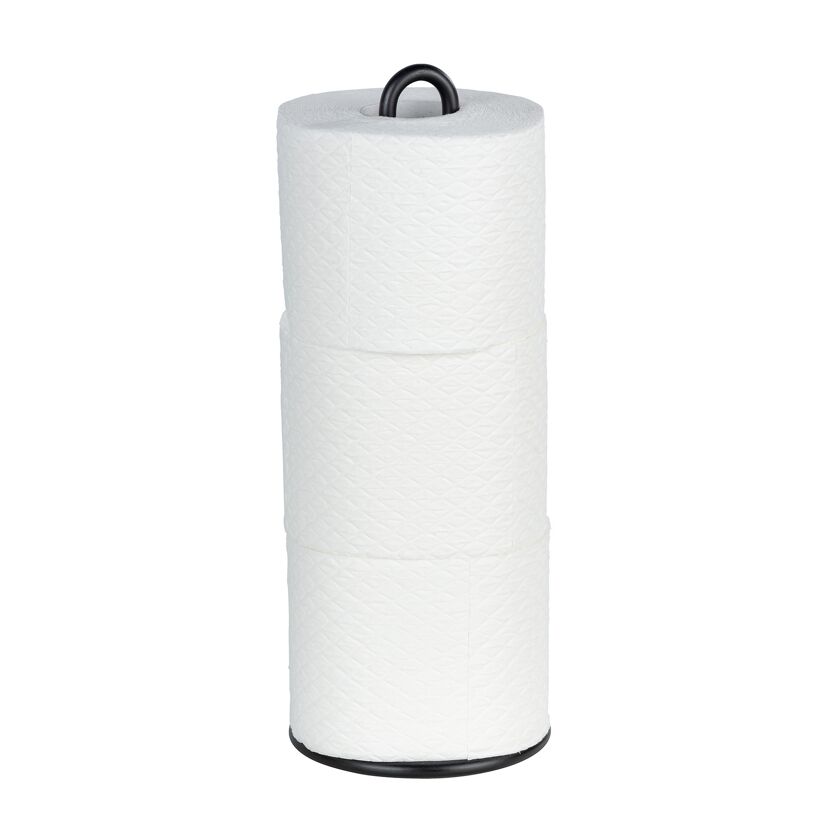 Drei weiße Toilettenpapierrollen auf einem schwarzen Halter.