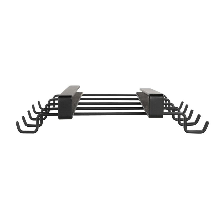 Schwarzer Schrankeinhänger mit Tassenhalter und Haken.