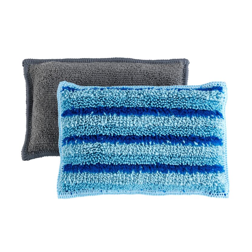 Zwei Mikrofaser Spülschwämme, blau und grau