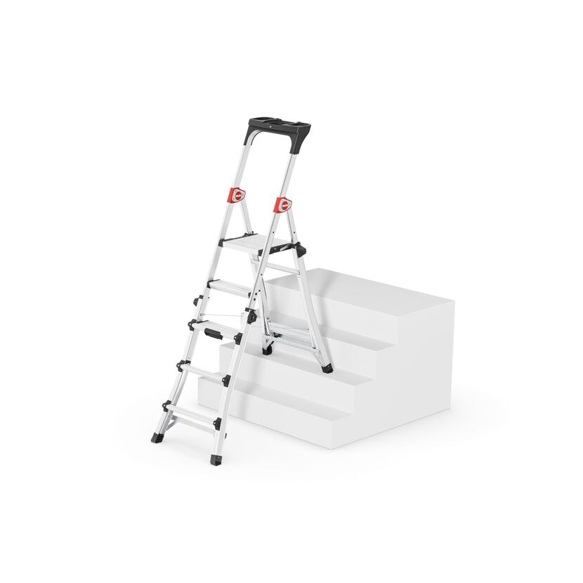 Hailo Alu-Stehleiter TL100Teleskop an Treppe angelehnt