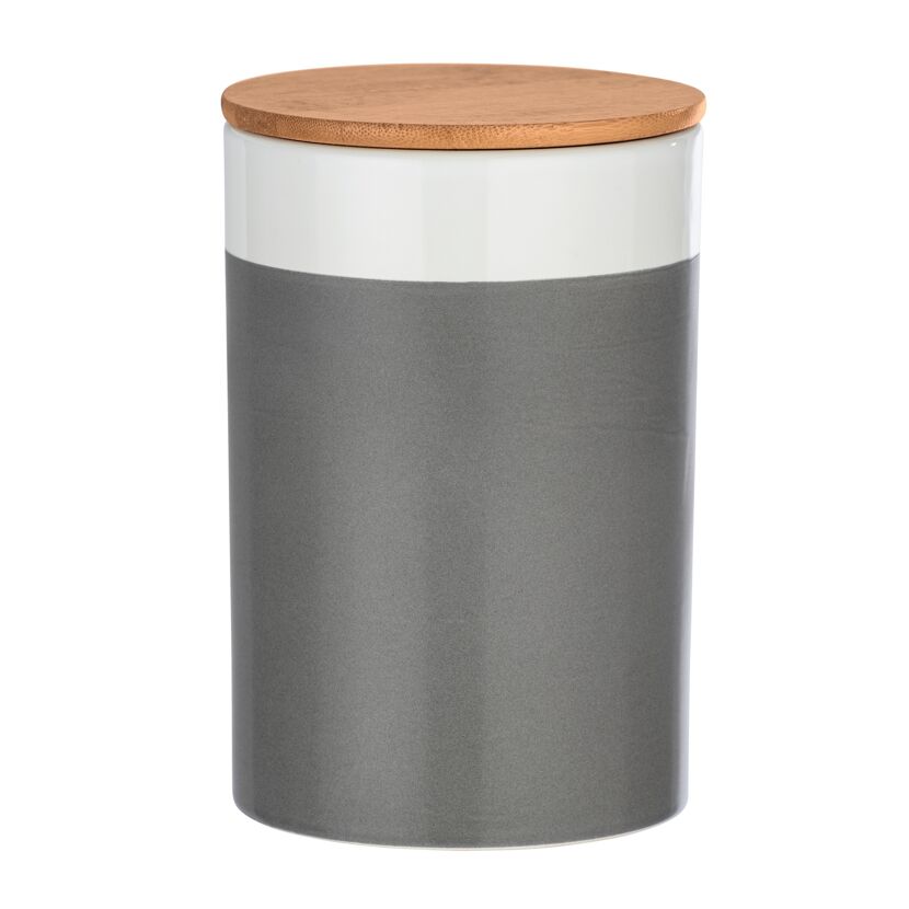 Graue Aufbewahrungsdose mit Holzdeckel